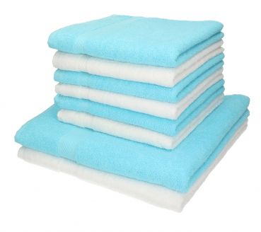 Lot de 8 serviettes Palermo couleur blanc et turquoise, 6 serviettes de toilette, 2 serviettes de bain de Betz