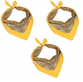 Pañuelos bandanas para el cuello o la cabeza con el motivo de paisley clásico, 3 piezas, tamaño 55x55cm, 100% algodón, de color amarillo