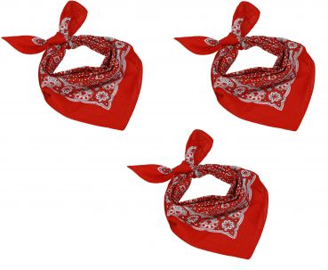 Pañuelos bandanas para el cuello o la cabeza con el motivo de paisley clásico, 3 piezas, tamaño 55x55cm, 100% algodón, de color rojo