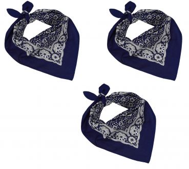 Pañuelos bandanas para el cuello o la cabeza con el motivo de paisley clásico, 3 piezas, tamaño 55x55cm, 100% algodón, de color azul marino