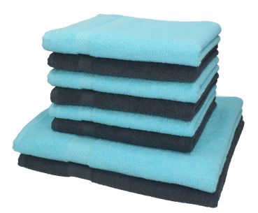 Lot de 8 serviettes Palermo couleur gris anthracite et turquoise, 6 serviettes de toilette, 2 serviettes de bain de Betz