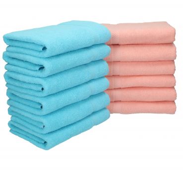 Lot de 12 serviettes Palermo couleur turquoise et abricot, qualité 360 g/m², 12 serviettes de toilette 50 x 100 cm 100% coton de Betz