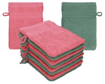 Betz 10 Stück Waschhandschuhe PREMIUM 100% Baumwolle Waschlappen Set 16x21 cm Farbe himbeere - tannengrün