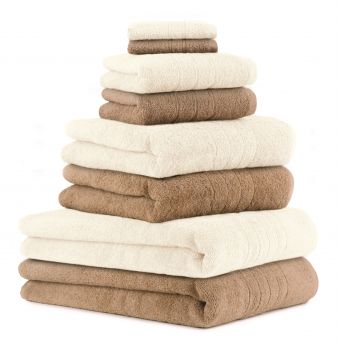 Betz 8-tlg. Handtuch-Set DELUXE 100% Baumwolle 2 Badetücher 2 Duschtücher 2 Handtücher 2 Seiftücher Farbe mokka und creme