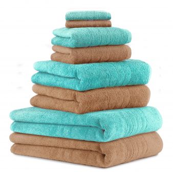 Betz 8-tlg. Handtuch-Set DELUXE 100% Baumwolle 2 Badetücher 2 Duschtücher 2 Handtücher 2 Seiftücher Farbe mokka und türkis