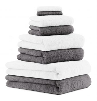 Betz Juego de 8 piezas de toallas 100% algodón 2 toallas de baño 2 toallas de ducha 2 toallas 2 toallas cara DELUXE de color blanco y gris antracita