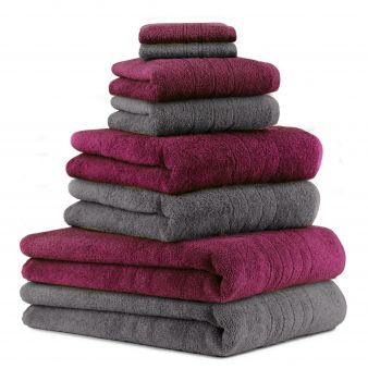 Betz 8-tlg. Handtuch-Set DELUXE 100% Baumwolle 2 Badetücher 2 Duschtücher 2 Handtücher 2 Seiftücher Farbe anthrazit grau und pflaume
