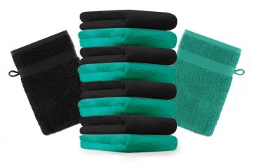 Lot de 10 gants de toilette "Premium" vert émeraude et noir, taille: 16x21 cm