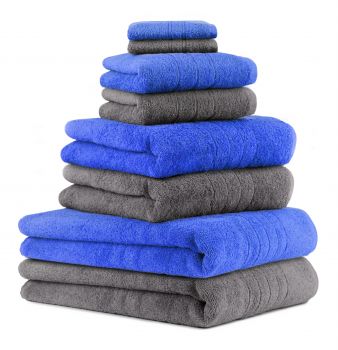 Betz 8-tlg. Handtuch-Set DELUXE 100% Baumwolle 2 Badetücher 2 Duschtücher 2 Handtücher 2 Seiftücher Farbe anthrazit grau und blau