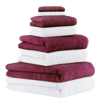 8 Piece Bath Towel/Sauna Towel Set DELUXE Colour: white & plum, 2 bath sheets, 2 bath towels, 2 hand towels and 2 face cloths