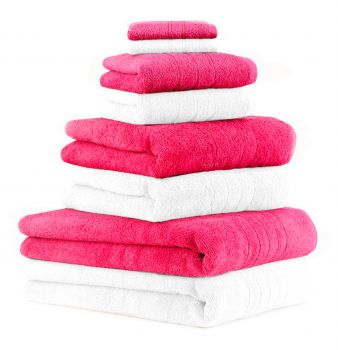 8 Piece Bath Towel/Sauna Towel Set DELUXE Colour: white & fuchsia, 2 bath sheets, 2 bath towels, 2 hand towels and 2 face cloths