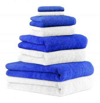 Lot de 8 serviettes/Set de sauna "Deluxe", couleur blanc et bleu, qualité 430 g/m², 2 draps de plage 90 x 140 cm, 2 serviettes de bain 70 x 120 cm, 2 serviettes de toilette 50 x 85 cm, 2 lavettes 30 x 30 cm de BETZ
