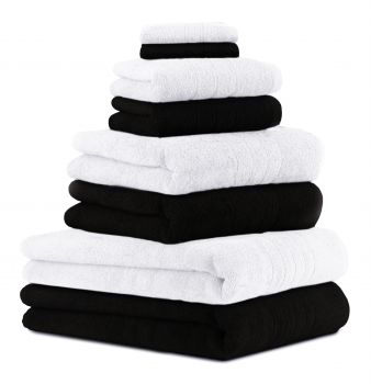 Betz 8 Piece Bath Towel/Sauna Towel Set DELUXE: 2 bath sheets 2 bath towels 2 hand towels and 2 face cloths Colour: white & black