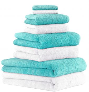 Set di 8 asciugamani da bagno DELUXE 2 asciugamani da bagno 2 asciugamani da doccia 2 asciugamani 2 lavette colore: bianco e turchese