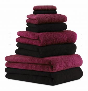 Betz Juego de 8 toallas DELUXE 100% algodón de color ciruela y negro