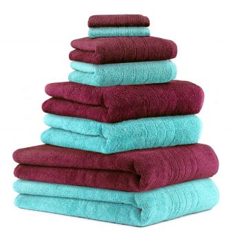 Betz Lot de 8 serviettes/Set de sauna DELUXE couleur lila/prune et turquoise