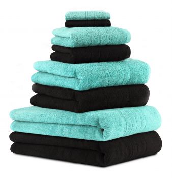 Set di 8 asciugamani da bagno DELUXE 2 asciugamani da bagno 2 asciugamani da doccia 2 asciugamani 2 lavette colore: nero e turchese