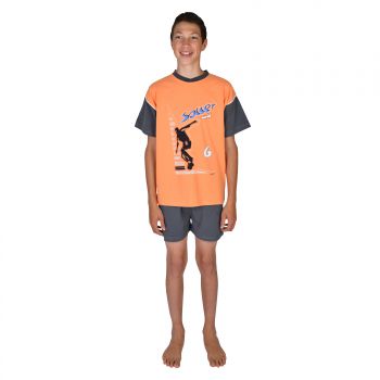 Jungen Kinder Schlafanzug Pyjama Kinderschlafanzug Shorty kurz "Soccer" Farbe: orange Größe 116 - 176