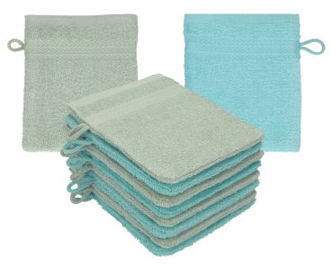 Betz 10 Stück Waschhandschuhe PREMIUM 100% Baumwolle Waschlappen Set 16x21 cm Farbe heugrün - ocean