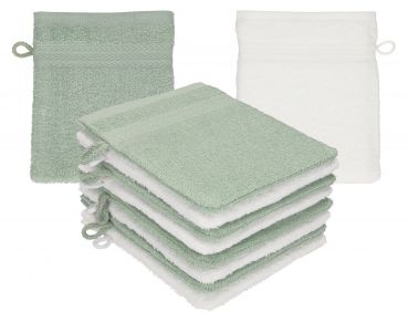 Betz set di 10 guanti da bagno PREMIUM 100 % cotone misure 16 x 21 cm verde fieno - bianco
