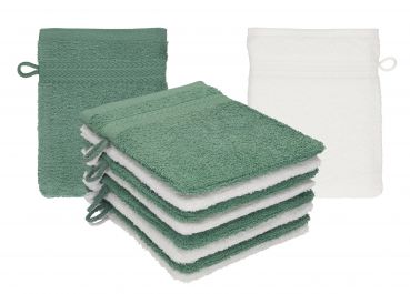 Betz set di 10 guanti da bagno PREMIUM 100 % cotone misure 16 x 21 cm verde abete - bianco