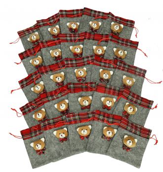 Betz 25 pieces Sack Christmas and felt optics sack Fabric gift sack Gift bag gray / red with bear Size: 14 x 17 cm