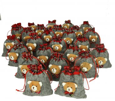 Betz 25 pieces Sack Christmas and felt optics sack Fabric gift sack Gift bag gray / red with bear Size: 14 x 17 cm