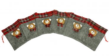 Betz 6 Stück Geschenksäckchen Stoffgeschenksack Geschenkbeutel grau/rot mit Bär Größe: 14 x 17 cm