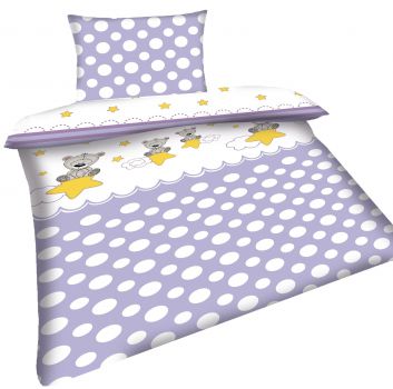 Betz Kinder Bettwäsche Garnitur Set BÄR auf WOLKE Größe 100x135 cm Kissen 40x60 cm Farbe flieder mit weiße Punkte