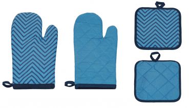 Betz Küchen Set 4-teilig bedruckt  2 Handschuhe 2 Topflappen Farbe blau
