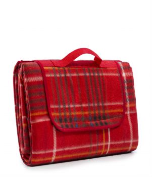 Picnic Blanket with thermo back side and carry handle, chequered in red, 180x200 cm