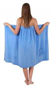 Serviette à sauna pour femmes en polyester dans les couleurs: blanc, bleu clair et pétrole