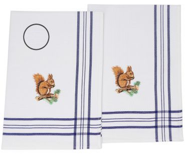 2 Piece Set Waffle Tea Towels blue, embroidered Motive: Squirrel, Size: 50 x 70 cm