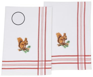 2 Piece Set Waffle Tea Towels red, embroidered Motive: Squirrel, Size: 50 x 70 cm