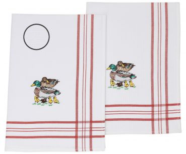 2 Piece Set Waffle Tea Towels red, embroidered Motive: Ducks, Size: 50 x 70 cm