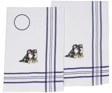2 Piece Set Waffle Tea Towels blue, embroidered Motive: Dogs, Size: 50 x 70 cm