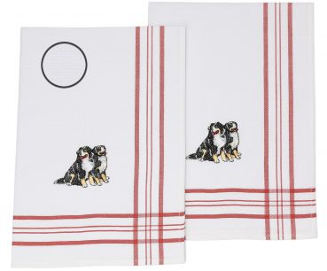 2 Piece Set Waffle Tea Towels red, embroidered Motive: Dogs, Size: 50 x 70 cm