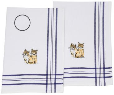 2 Piece Set Waffle Tea Towels blue, embroidered Motive: Cat, Size: 50 x 70 cm