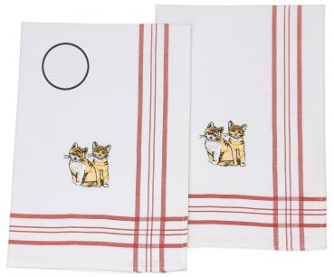 2 Piece Set Waffle Tea Towels red, embroidered Motive: Cat, Size: 50 x 70 cm