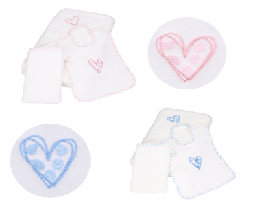 Betz 3 tlg. Kinderset HERZCHEN Kapuzenbadetuch Lätzchen Waschhandschuh Baumwolle weiß/rosa und weiß/blau