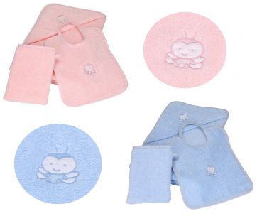 Betz 3 tlg. Kinderset BIENCHEN  Kapuzenbadetuch Lätzchen Waschhandschuh Baumwolle weiß/rosa und weiß/blau