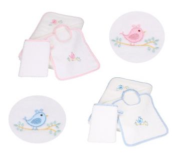Betz 3 tlg. Kinderset VÖGELCHEN Kapuzenbadetuch Lätzchen Waschhandschuh Baumwolle weiß/rosa und weiß/blau