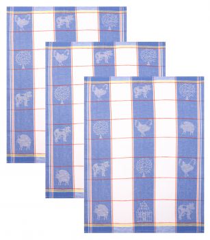 Betz Lot de 3 torchons en lin mélangé HUNGARY à motif ANIMAUX taille: 50x70 cm couleur bleu