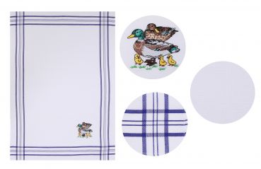 2 Piece Set Waffle Tea Towels blue, embroidered Motive: Ducks, Size: 50 x 70 cm