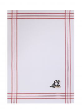 2 Piece Set Waffle Tea Towels red, embroidered Motive: Dogs, Size: 50 x 70 cm