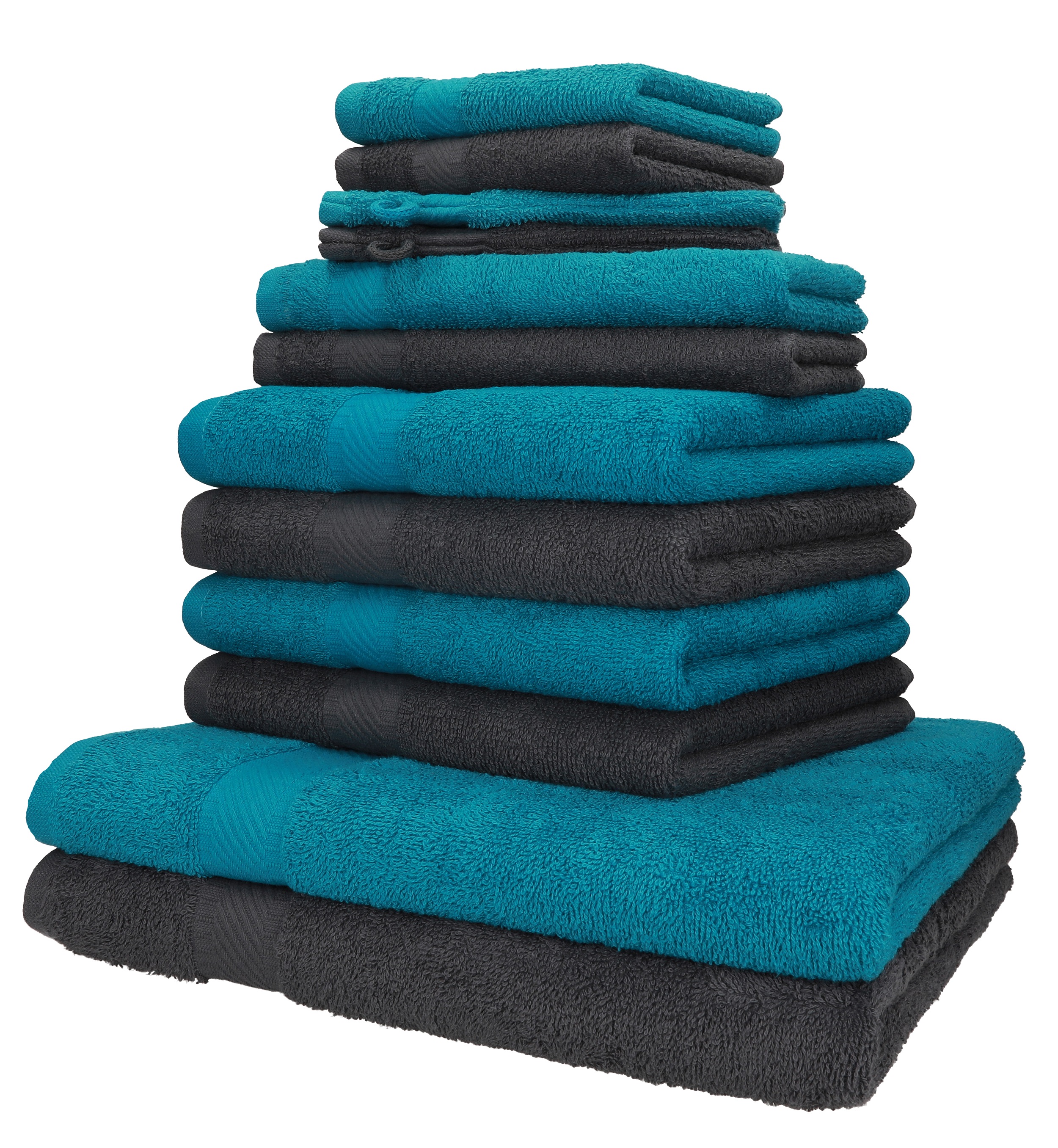 Betz 12-TLG Handtuch Set Premium 100% Baumwolle 2 Duschtücher 4 Handtücher 2 Gästetücher 2 Seiftücher 2 Waschhandschuhe Farbe Graphit grau/Ocean