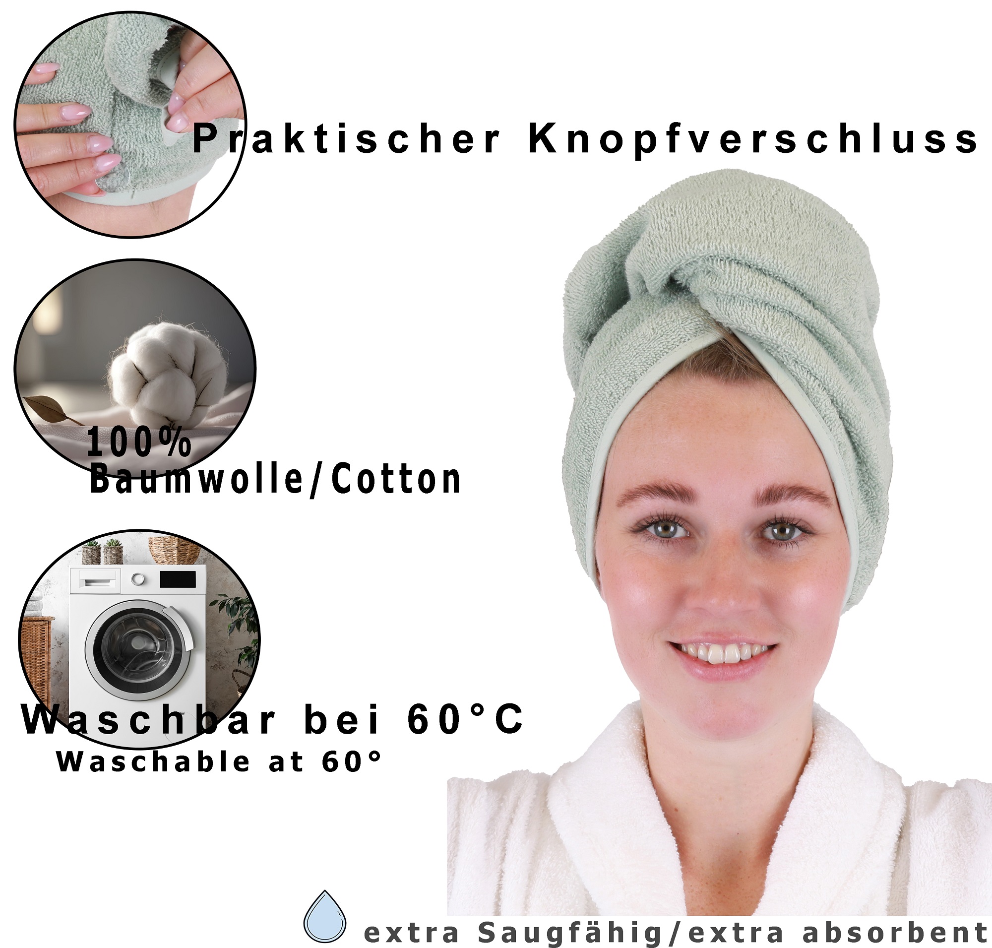 Betz turbante BERLIN in spugna con bottone - asciugamano turbante -  asciugamano per la testa - turbante per capelli 100% cotone