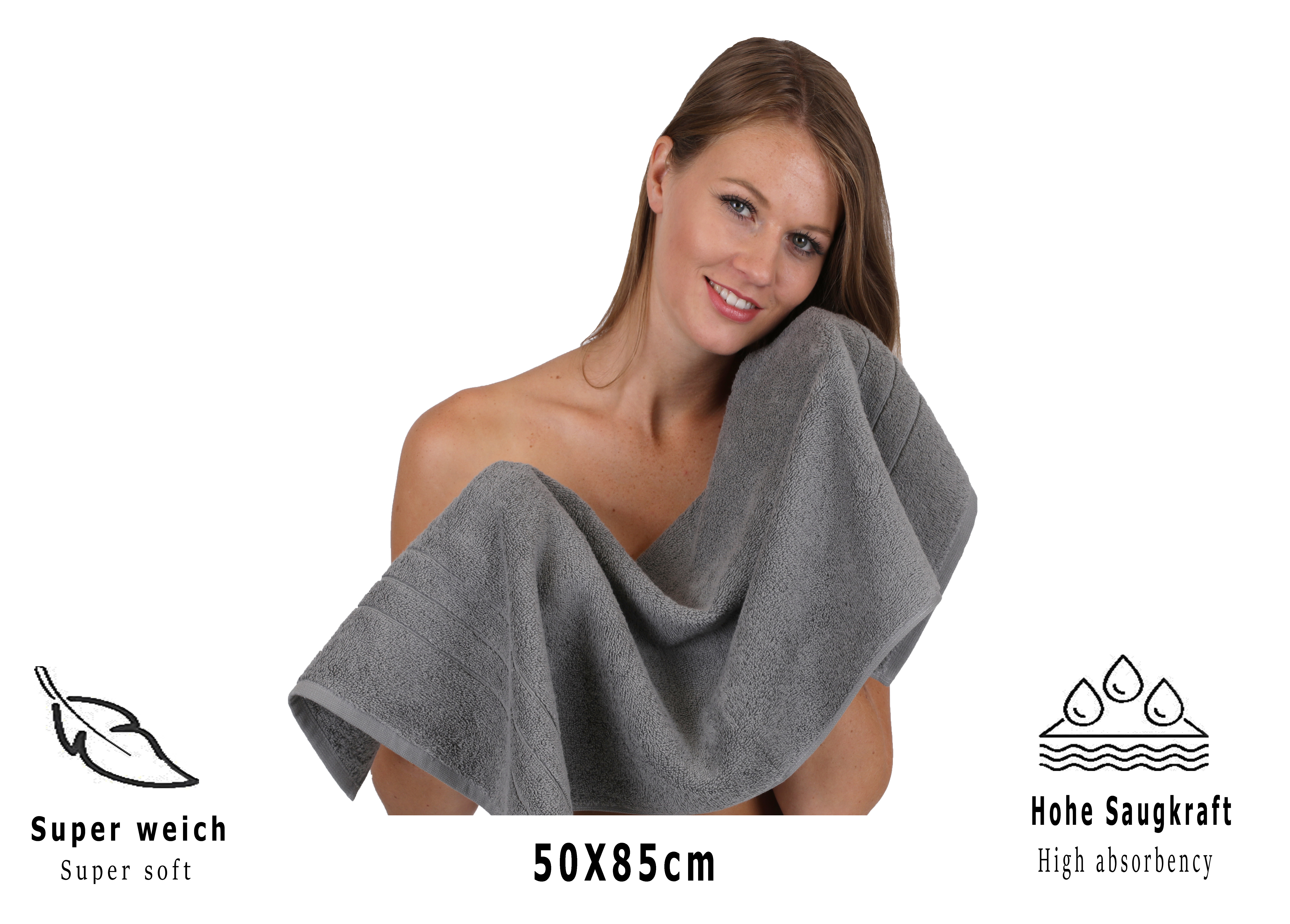 Set di 4 asciugamani da bagno DELUXE, colore: grigio antracite, 1  asciugamano da bagno, 1 asciugamano