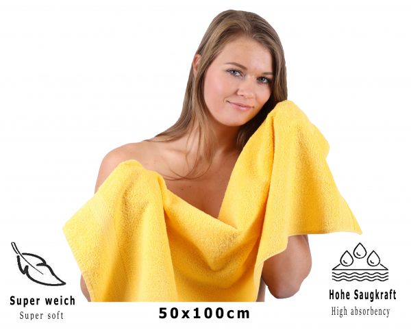 Lot de serviettes: 1 serviette à sauna 70 x 200 cm et 2 serviettes de toilette 50 x 100 cm, "Premium" jaune, qualité 470 g/m²