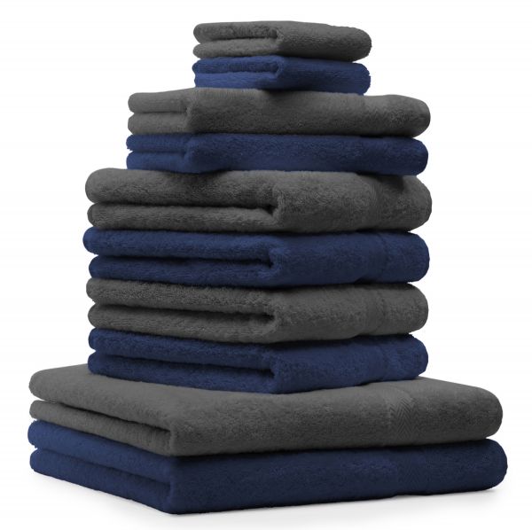 Betz 10 Piece Towel Set CLASSIC 100% Cotton 2 Bath Towels 4 Hand Towels 2 Guest Towels 2 Face Cloths Colour: dark blue & anthracite